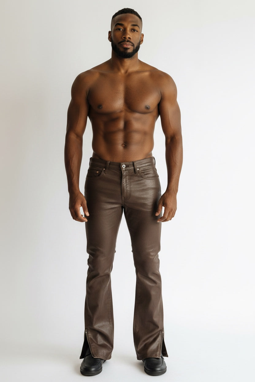 KDNK Brown Leather Skinny Flare Denim