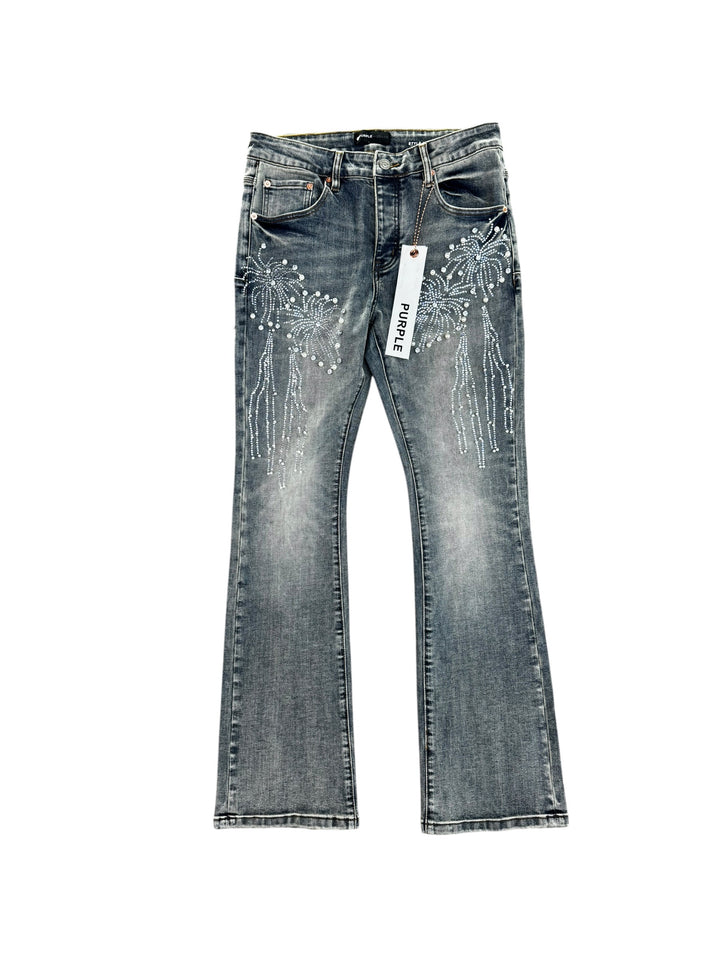 "Purple" Brand Pearl/Rhinestone Stacked Fitted Jeans - Blue