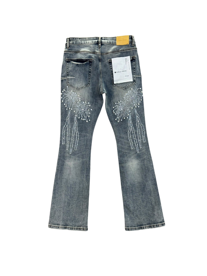 "Purple" Brand Pearl/Rhinestone Stacked Fitted Jeans - Blue