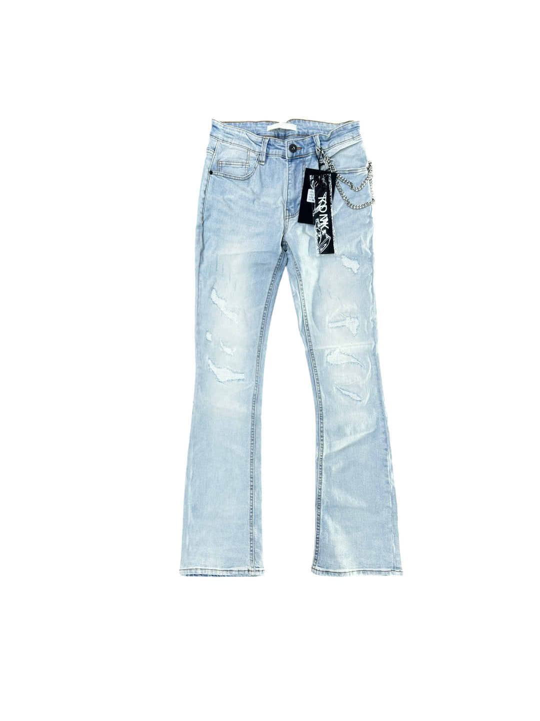 "KDNK" Brand Rip And Repair Stacked Fitted Jeans - Light Blue