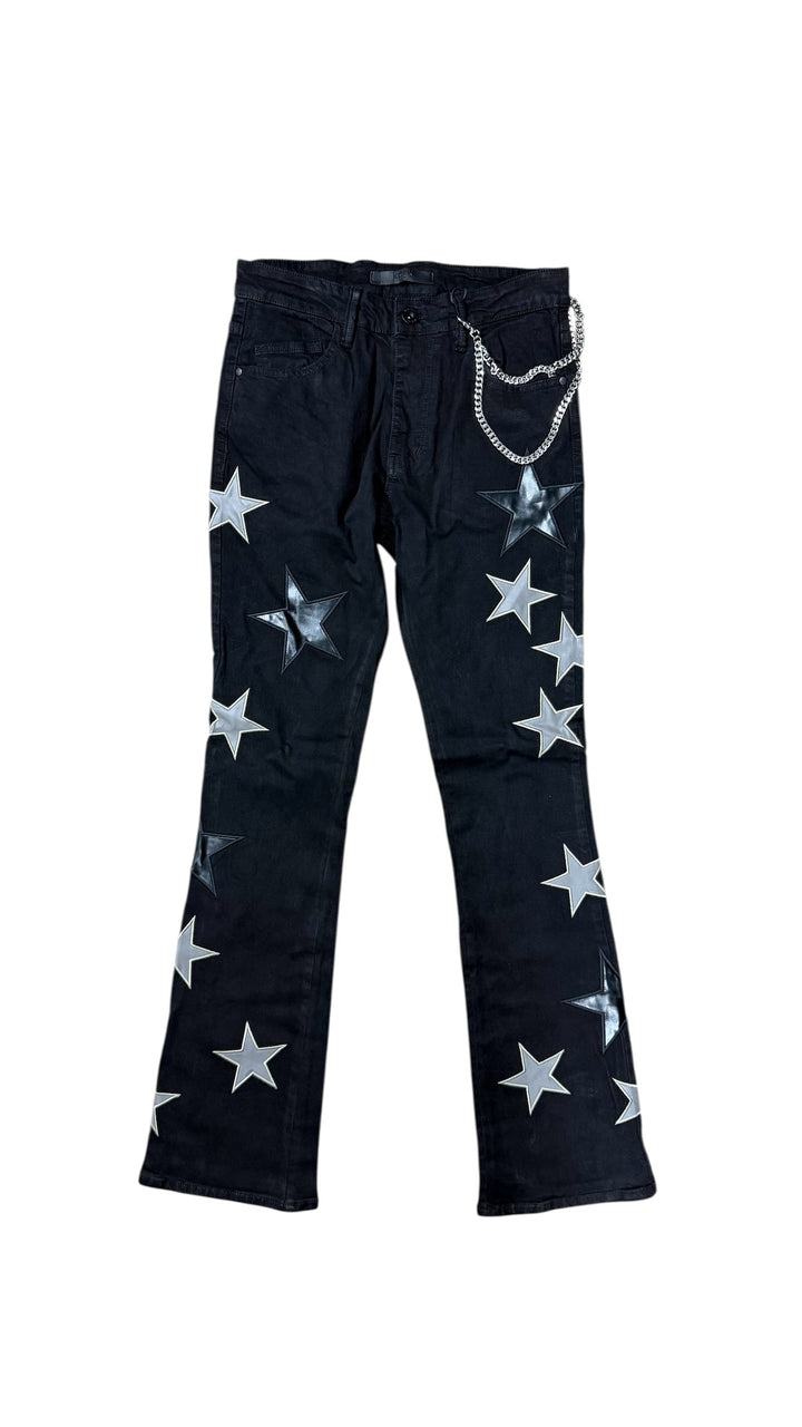 Star Patched Stacked Jeans - Black