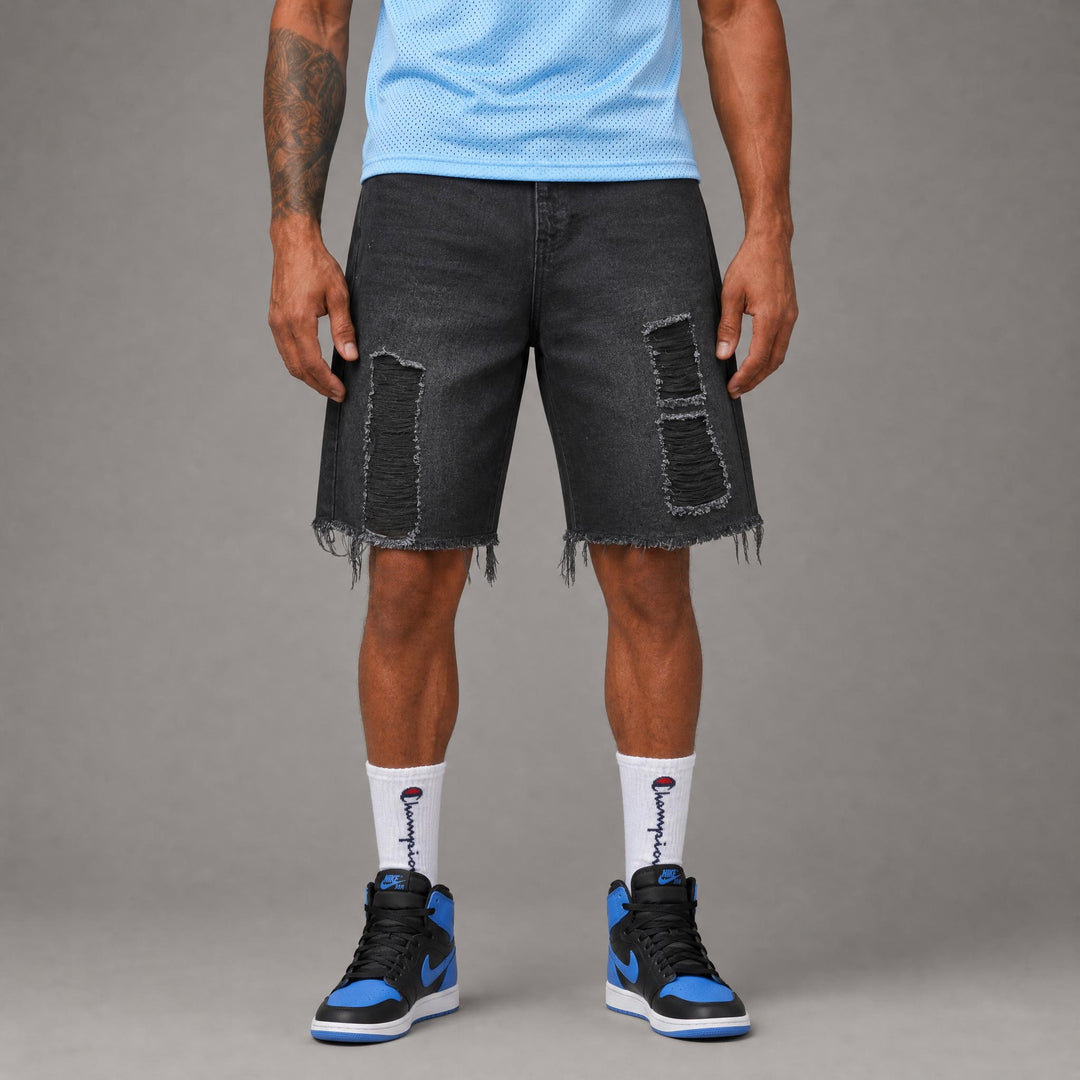 JET BLACK RIPPED BAGGY SHORTS