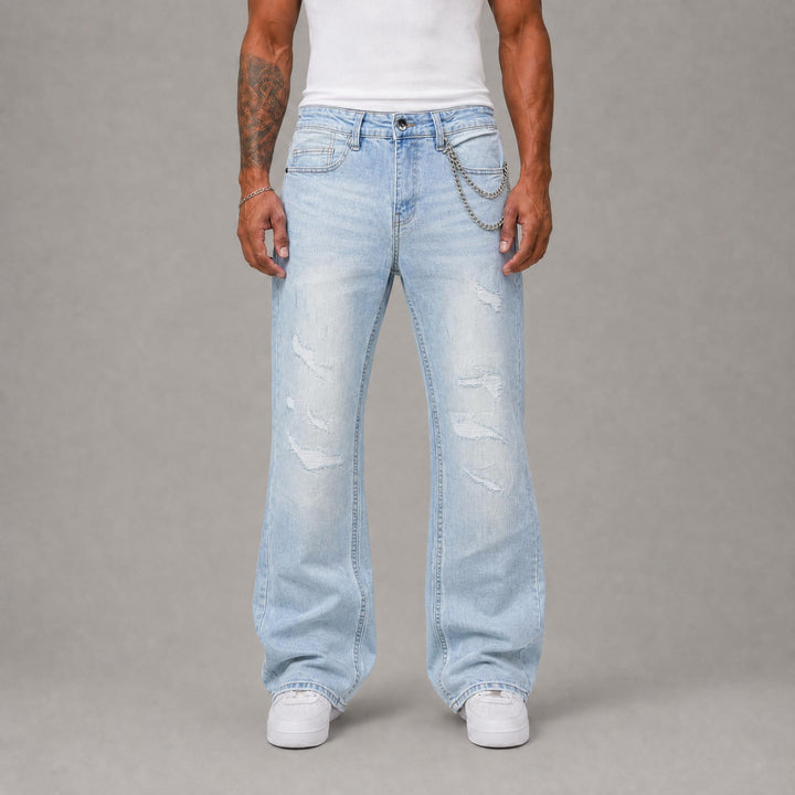 "KDNK" Brand Rip And Repair Stacked Fitted Jeans - Light Blue