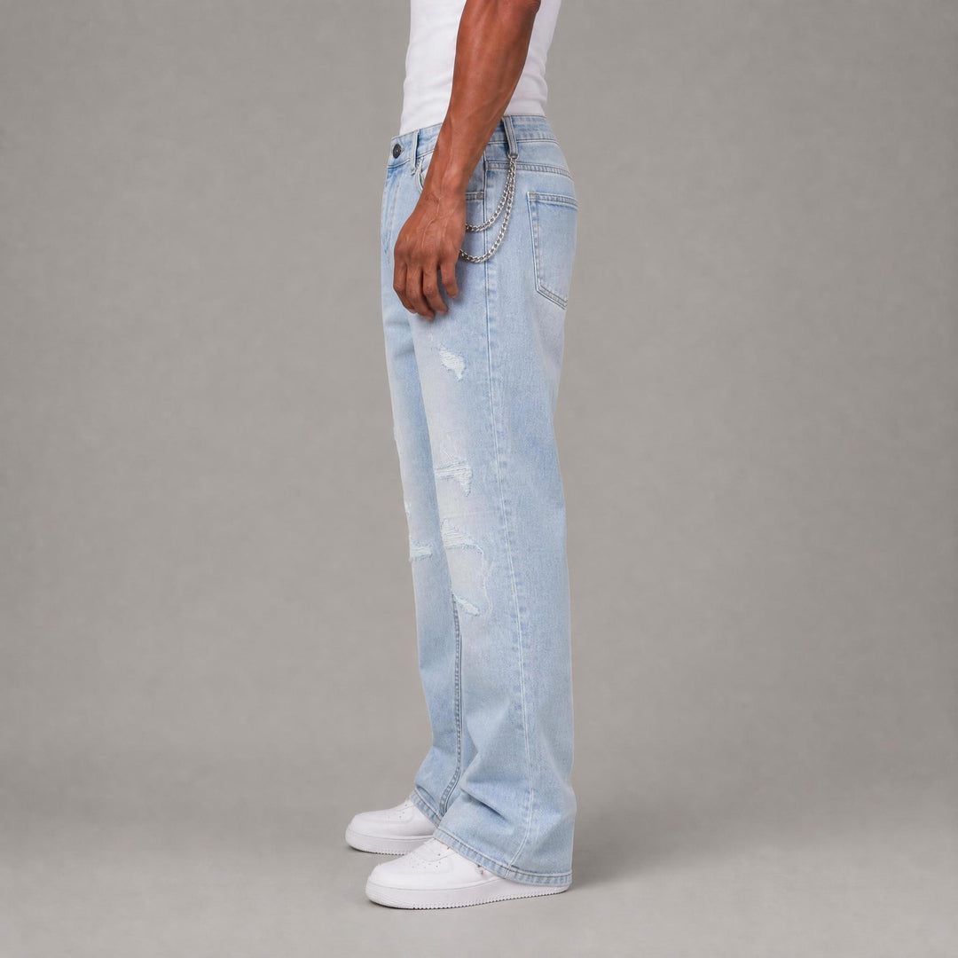 "KDNK" Brand Rip And Repair Stacked Fitted Jeans - Light Blue