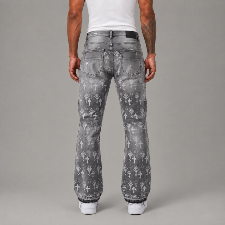 Latin Cross Print Open Hem Jeans - Men&