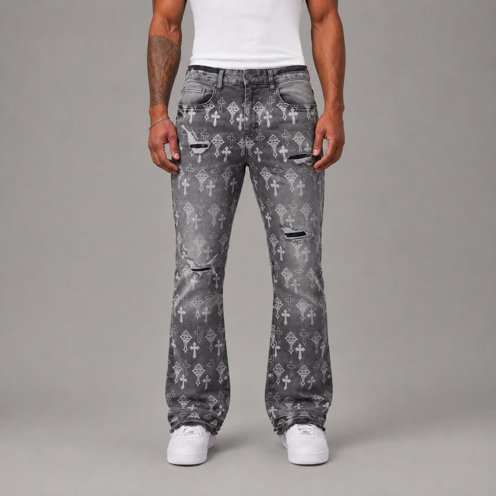 Latin Cross Print Open Hem Jeans - Men&