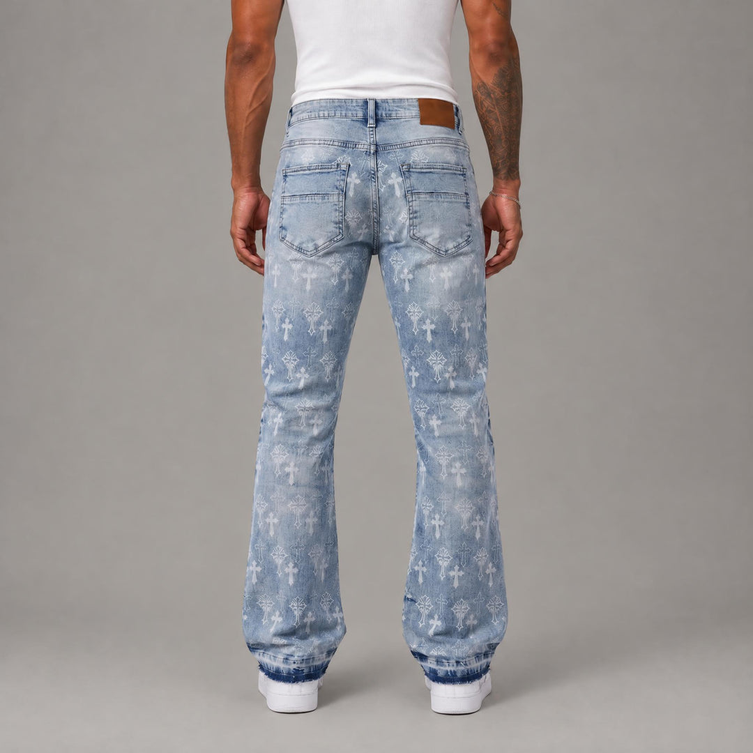Latin Cross Print Open Hem Jeans - Men&