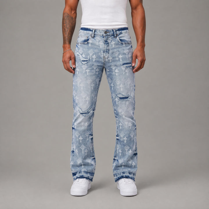 Latin Cross Print Open Hem Jeans - Men&