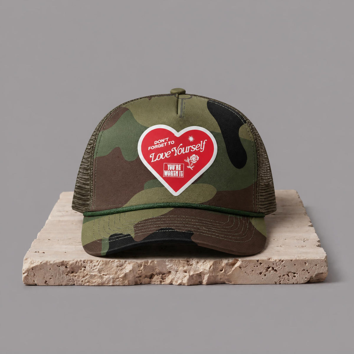 MUKA S5409 Camo Love Yourself Trucker Hat