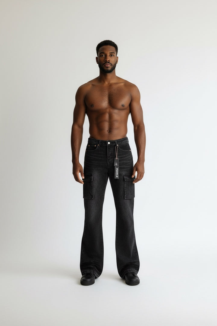 Purple Brand Black Cargo Flare Jeans