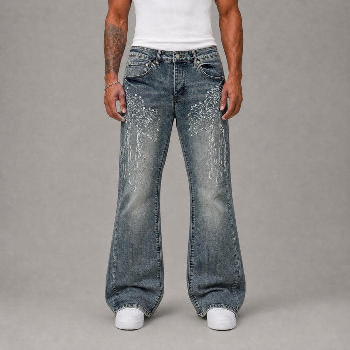 "Purple" Brand Pearl/Rhinestone Stacked Fitted Jeans - Blue