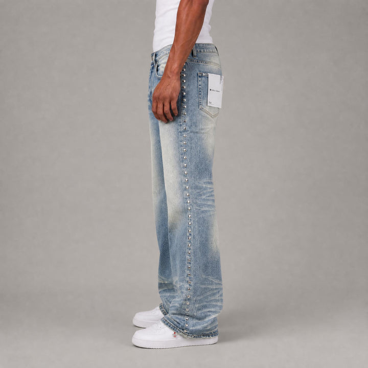 "Purple" Brand Studded Stacked Fitted Jeans - Blue