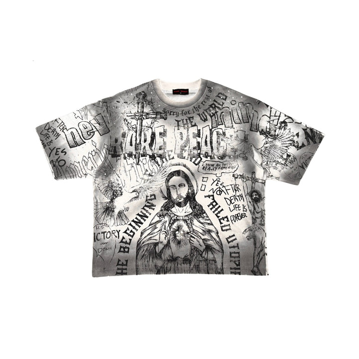 WASHED ALL OVER PRINT TEE W/ RHINESTONE DETAIL