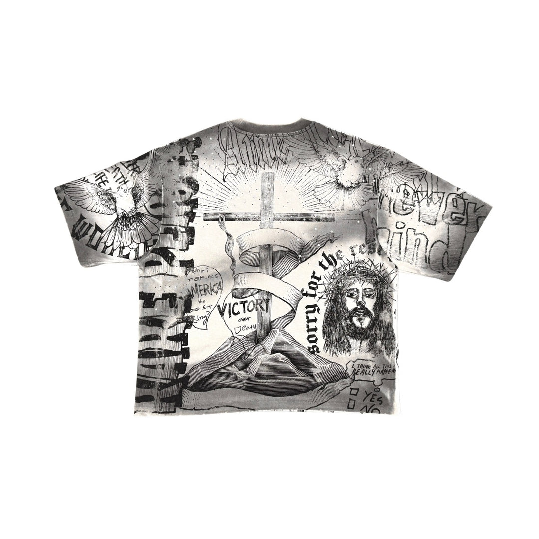 WASHED ALL OVER PRINT TEE W/ RHINESTONE DETAIL