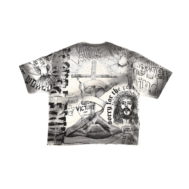 WASHED ALL OVER PRINT TEE W/ RHINESTONE DETAIL
