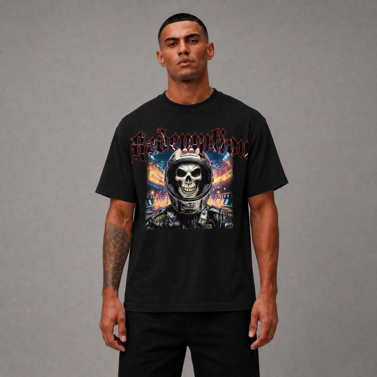 Racing Skull Digital Oversized Cropped Tee - Black