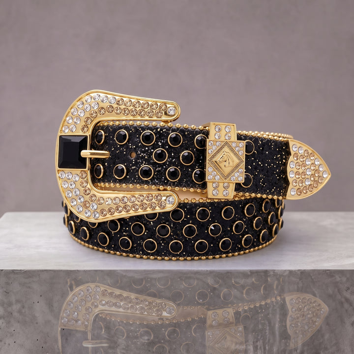 Rhinestone Belt - Black/Gold