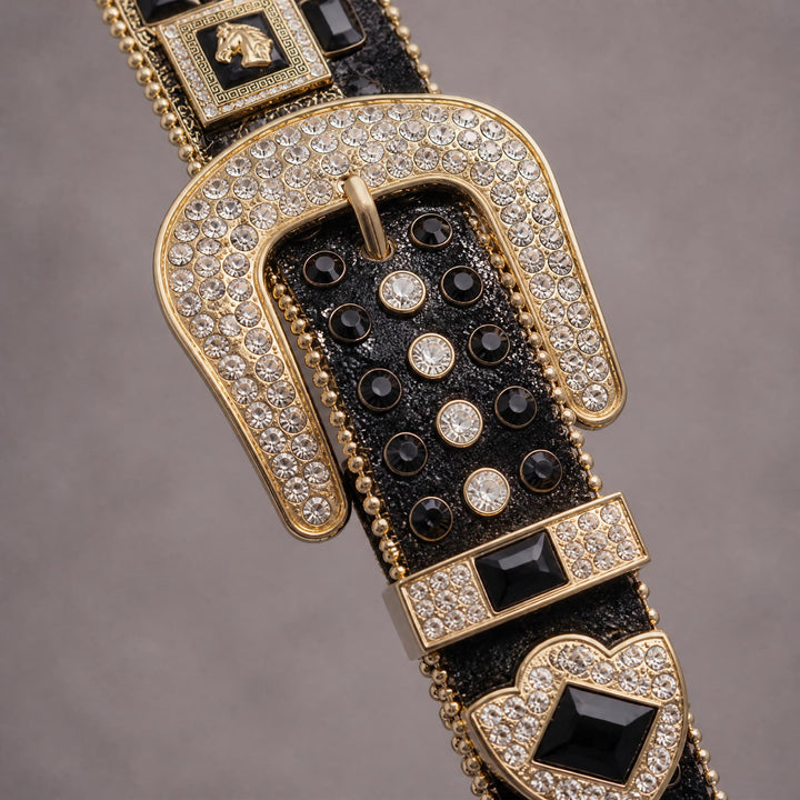 Rhinestone Belt - Black/Gold