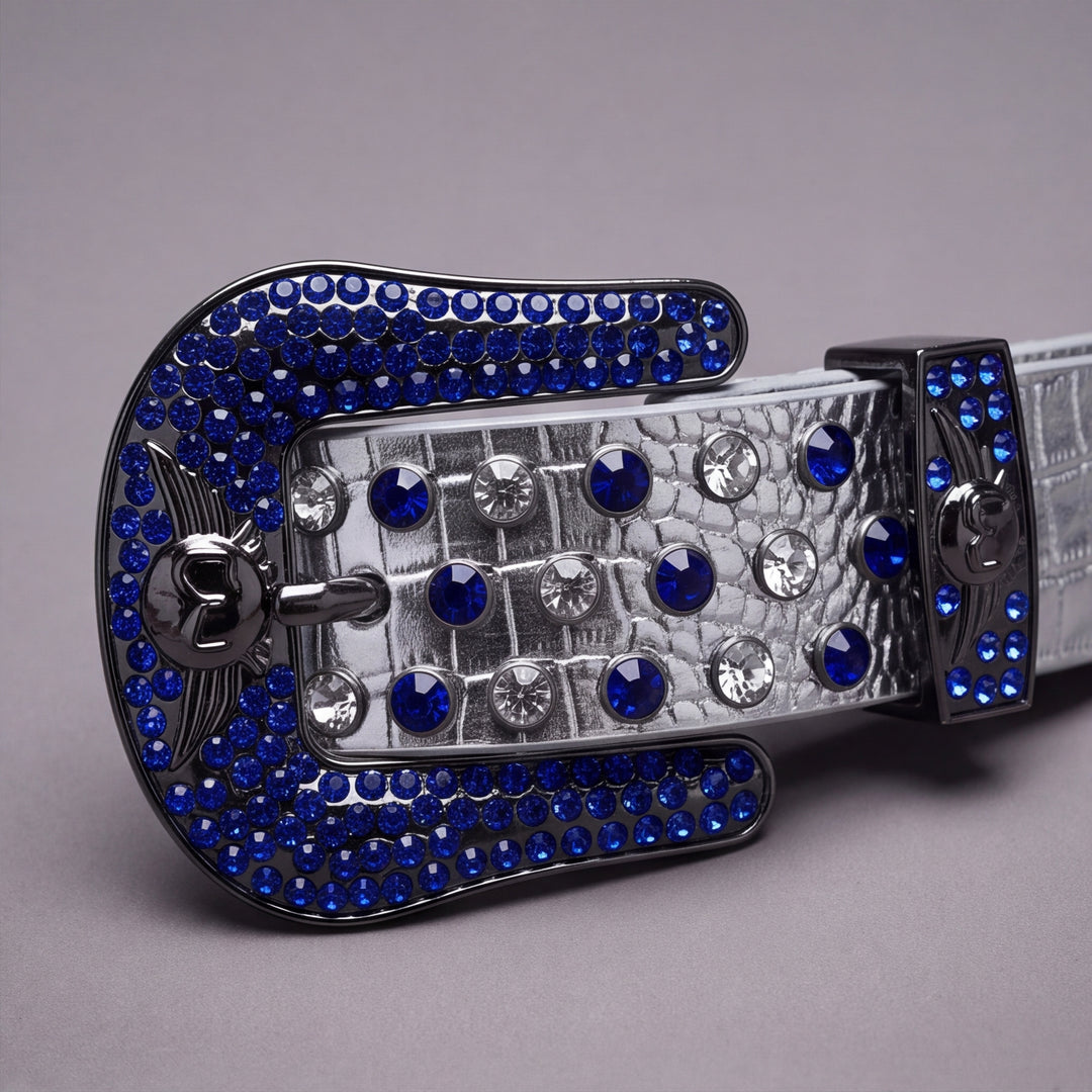 Rhinestone Belt - White On Blue