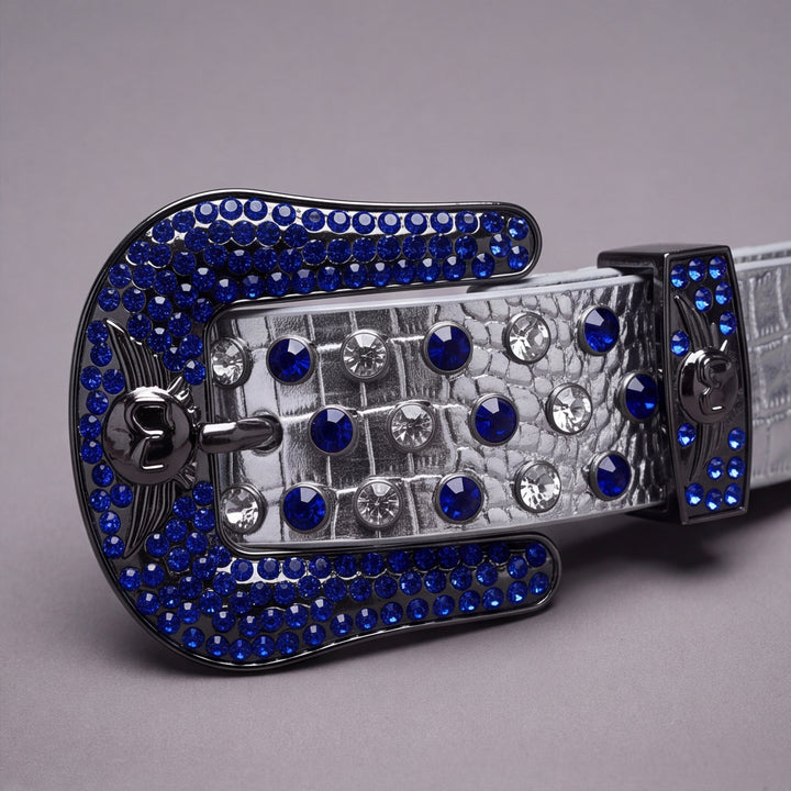 Rhinestone Belt - White On Blue