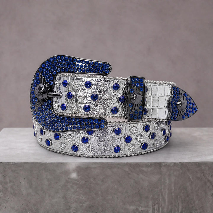 Rhinestone Belt - White On Blue