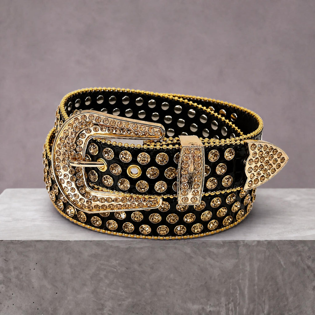 Rhinestone Skulls Belt -Black/Gold