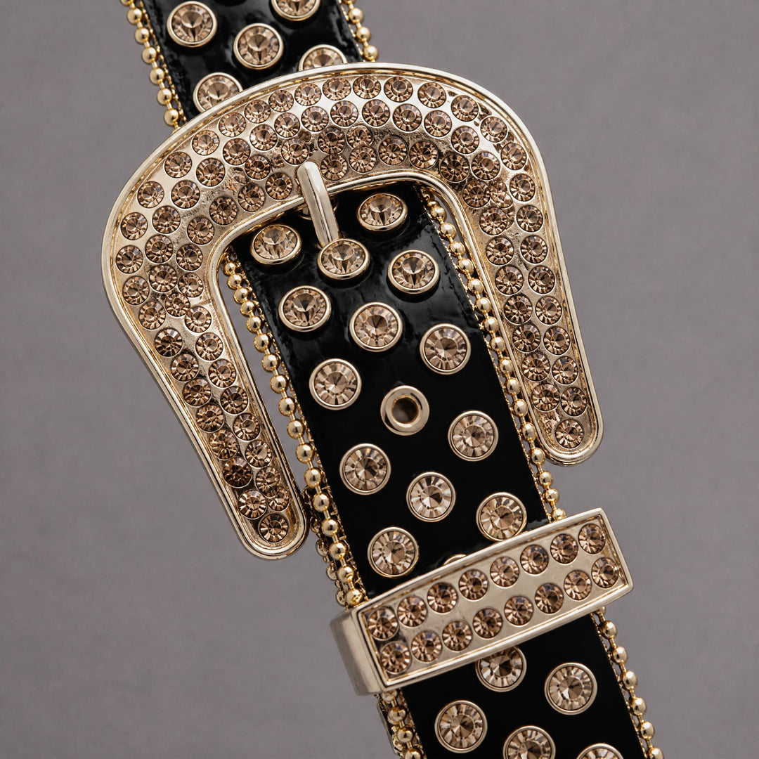 Rhinestone Skulls Belt -Black/Gold