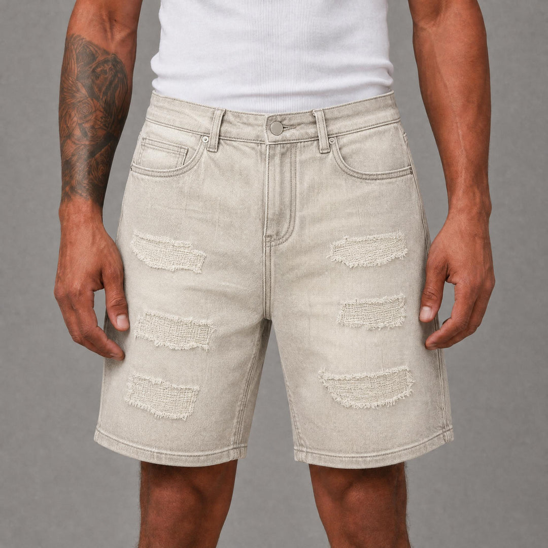Ripped Denim Shorts - Beige