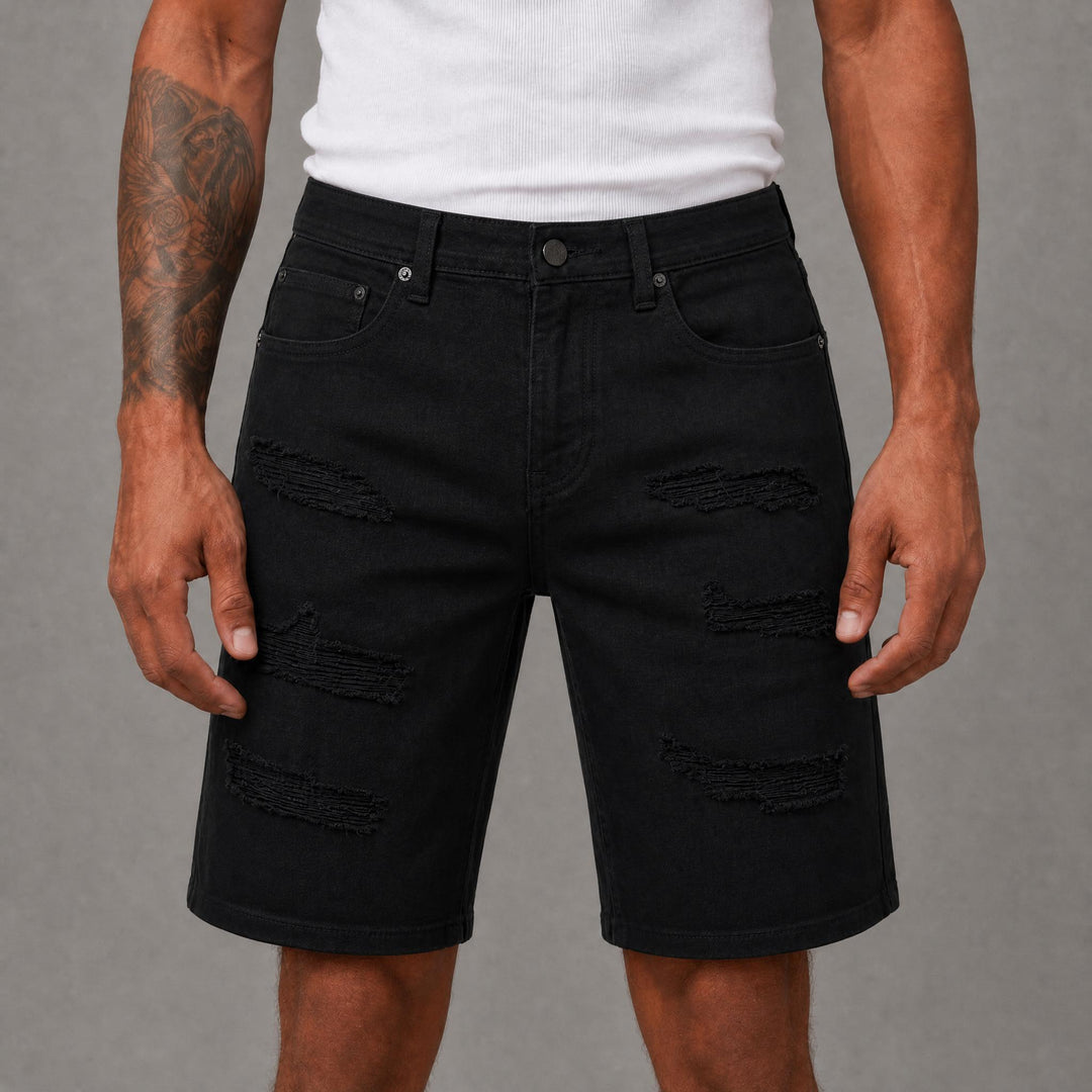 Ripped Denim Shorts - Jet Black