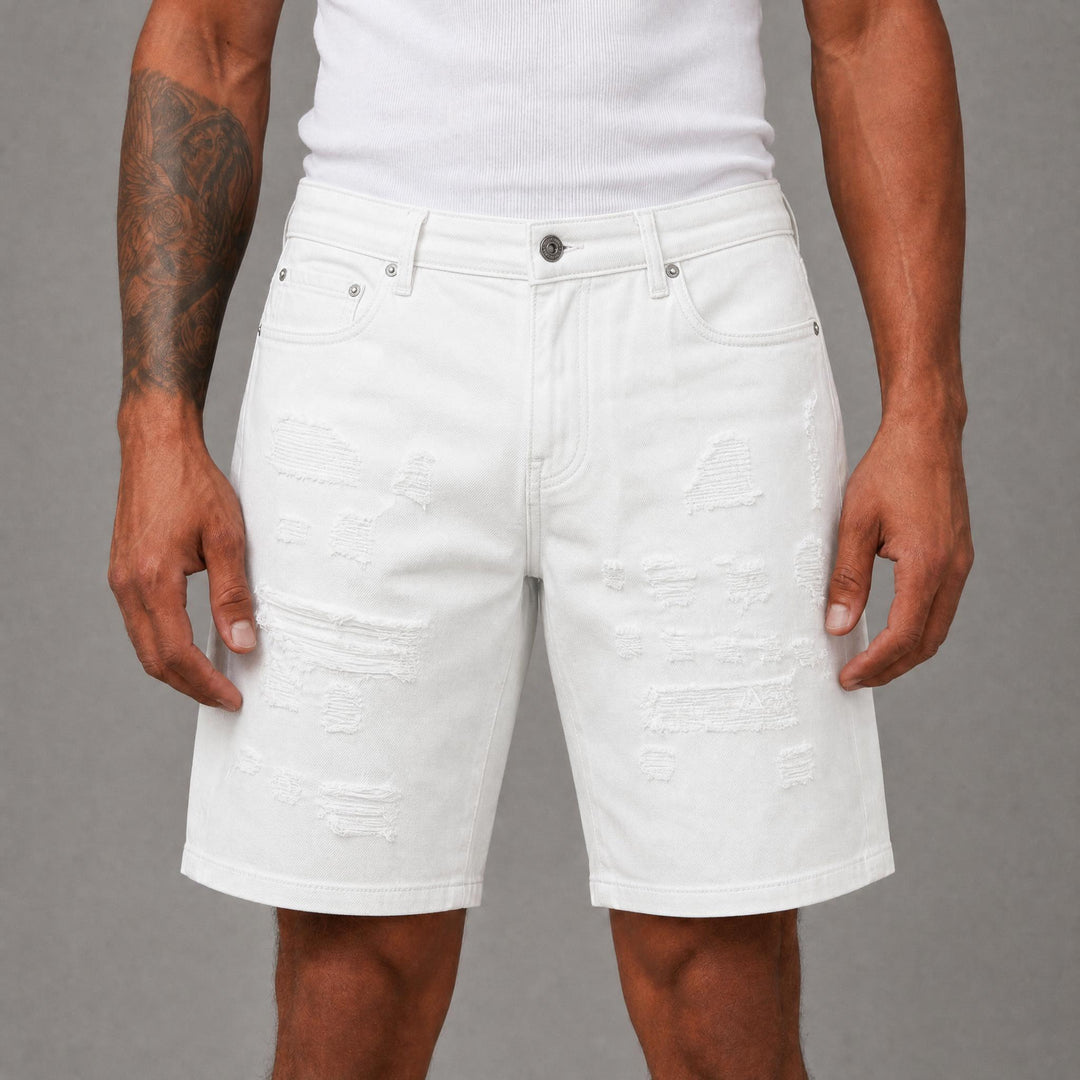 Ripped Denim Shorts - White