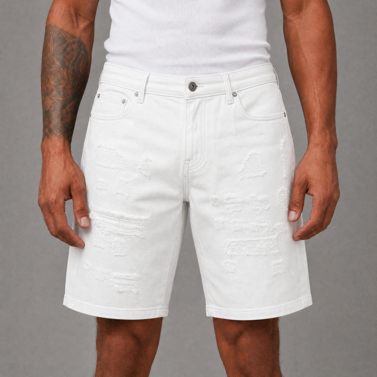 Ripped Denim Shorts - White
