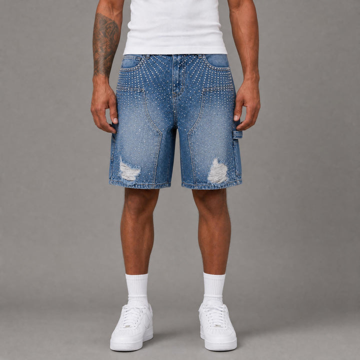 Ripped Rhinestone Jorts - Blue