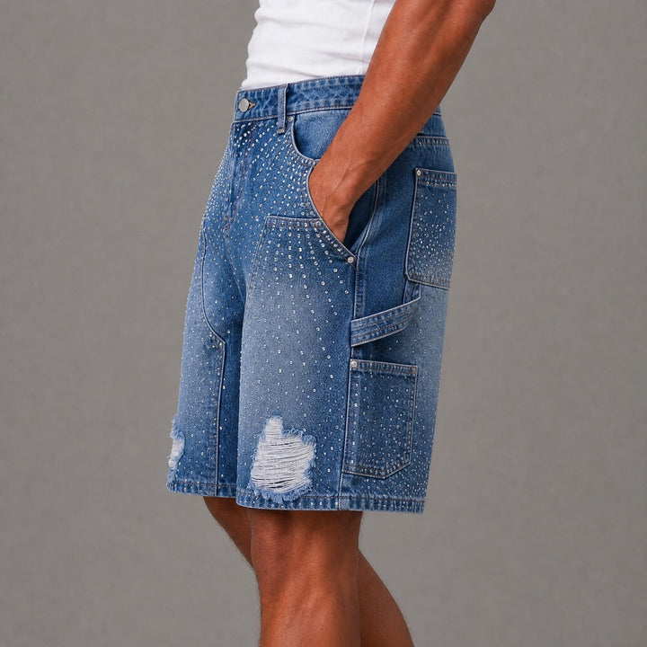 Ripped Rhinestone Jorts - Blue
