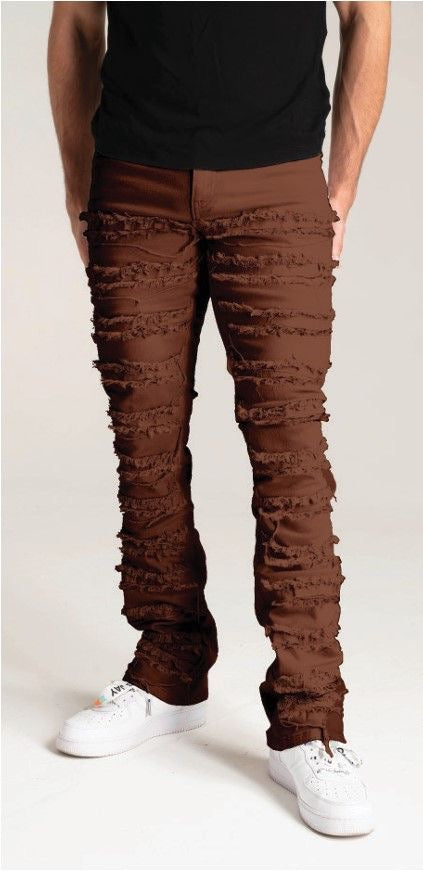STRETCH STACKED TWILL PANTS WITH FRAYED PATCH