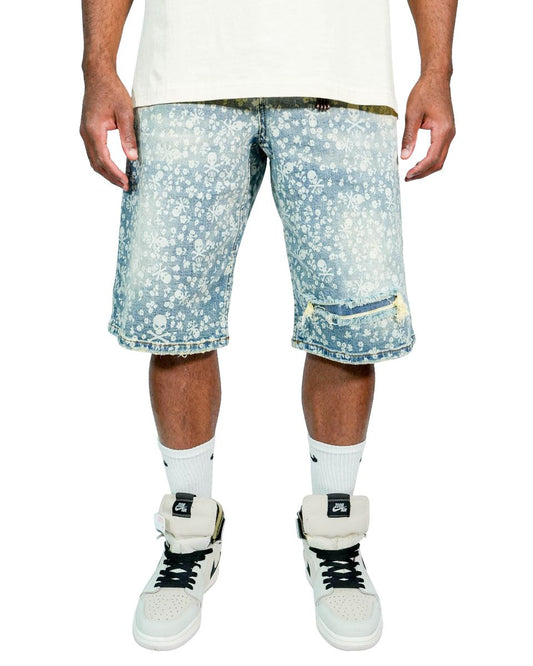 Skull Print Denim Shorts - Light Blue