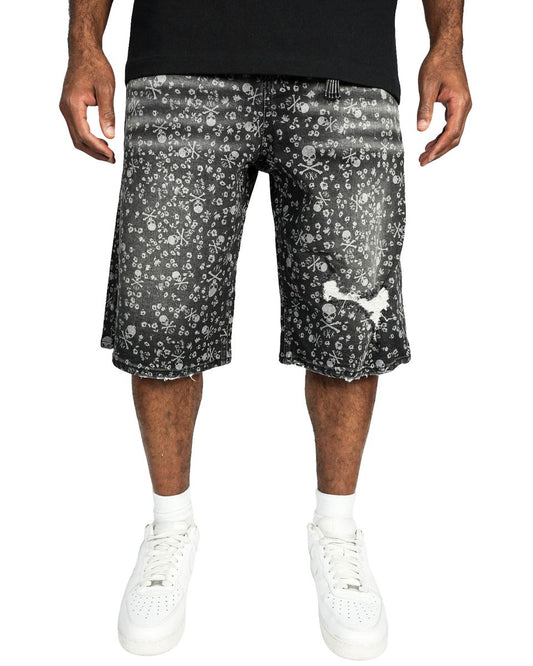 Skull Print Denim Shorts - Black