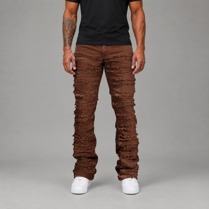 STRETCH STACKED TWILL PANTS WITH FRAYED PATCH