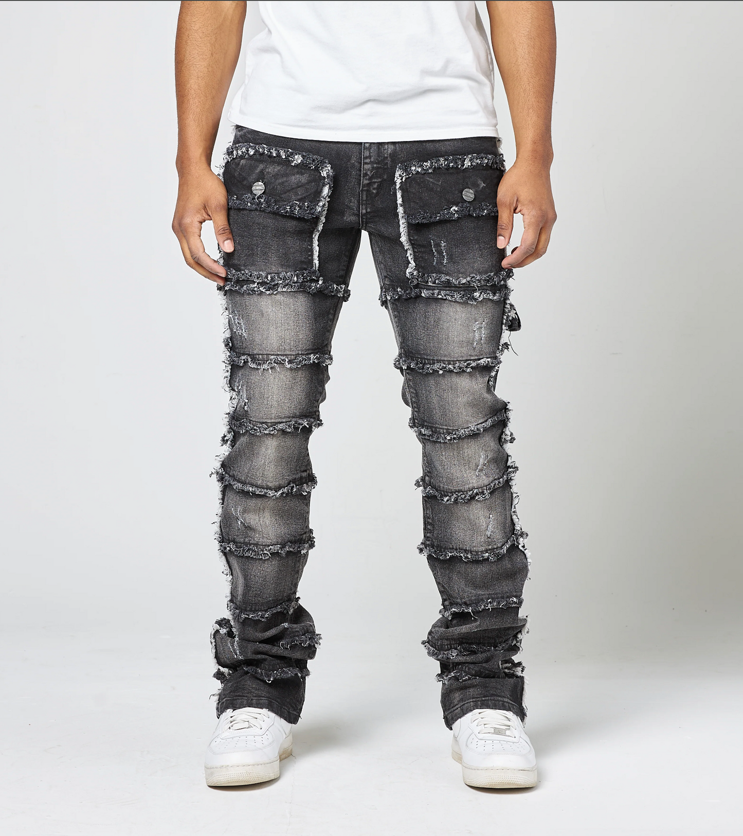 Kid's Patchwork True Stacked Denim Jeans - Washed Black