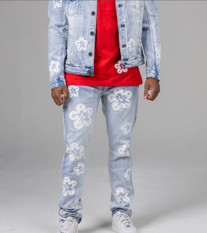 Men's Flower Denim Jean - Ice Blue