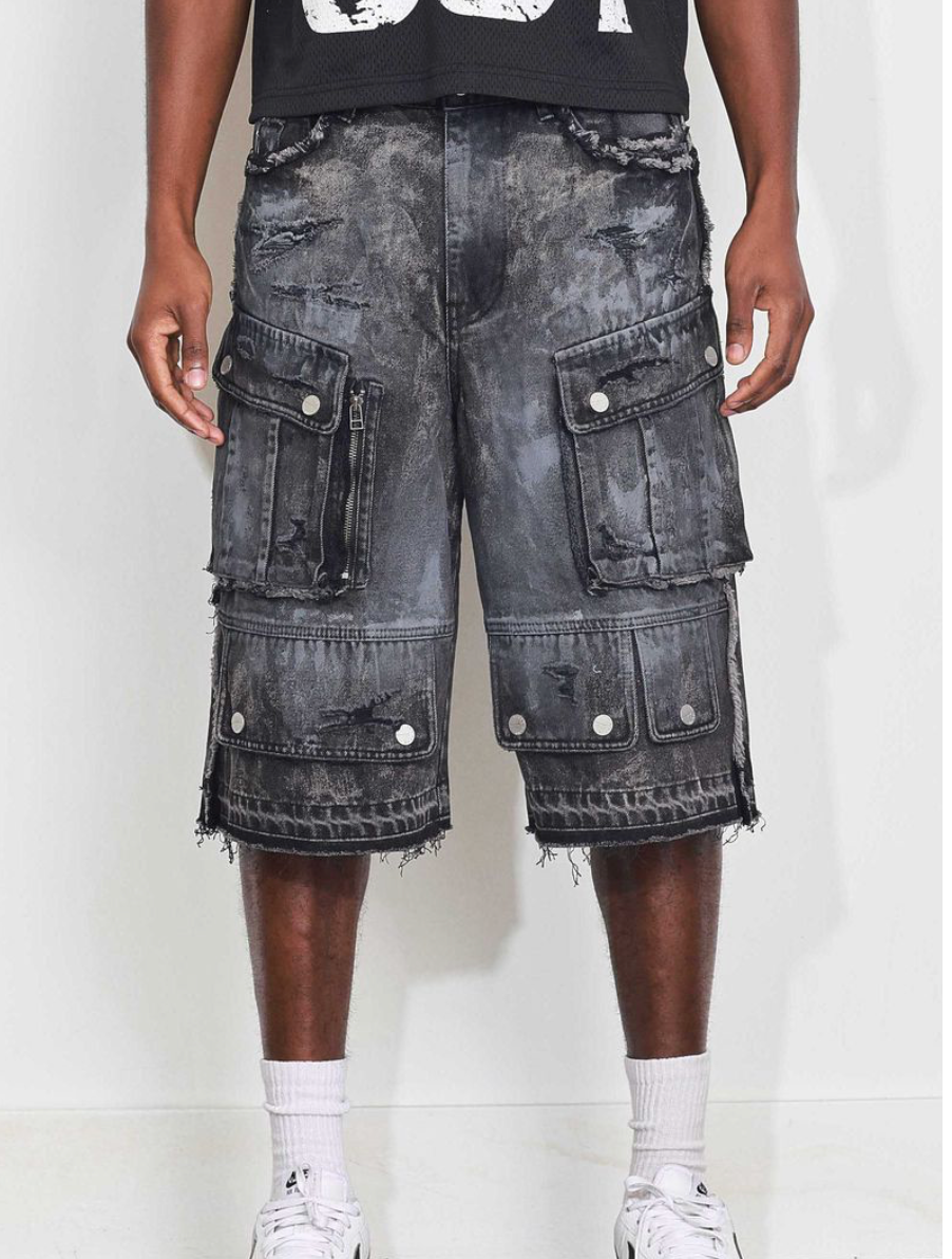 Cargo Denim Jorts -  Wash Black