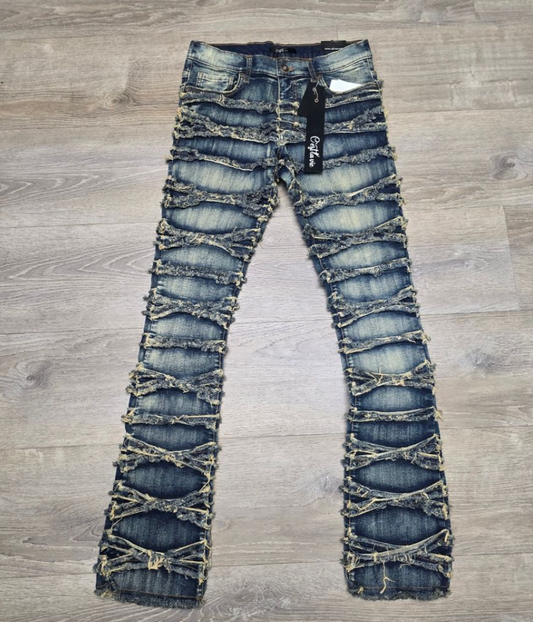 Frayed Strips Denim Stacked Jeans - Dark Wash