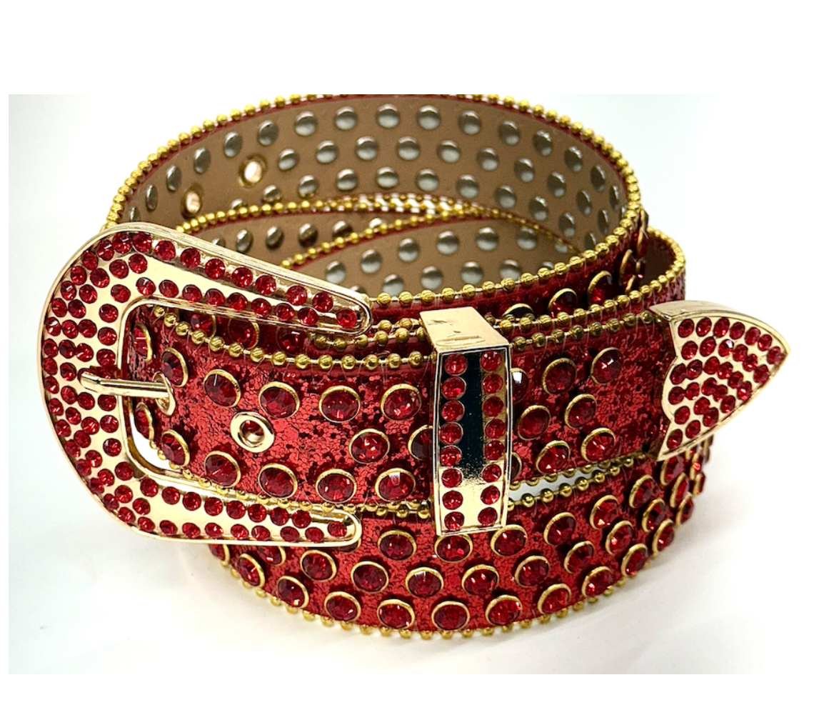 Rhinestone Skulls Belt - Red/Gold