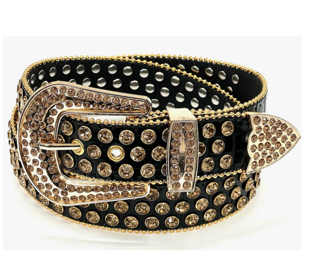 Rhinestone Skulls Belt -Black/Gold