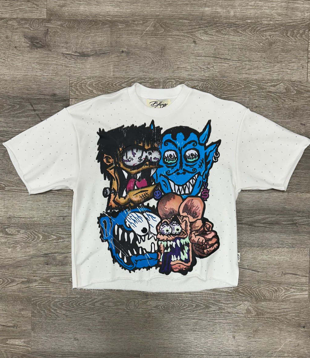 Monster Bar French Terry Rhinestone Cropped Tee - White