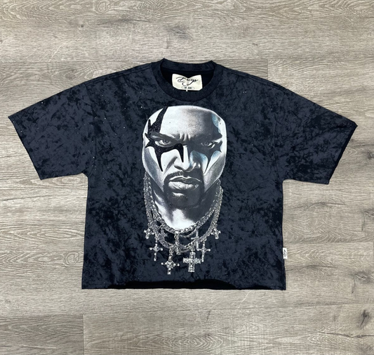 "Star Face" F-Terry Cropped Tee - Washed Black