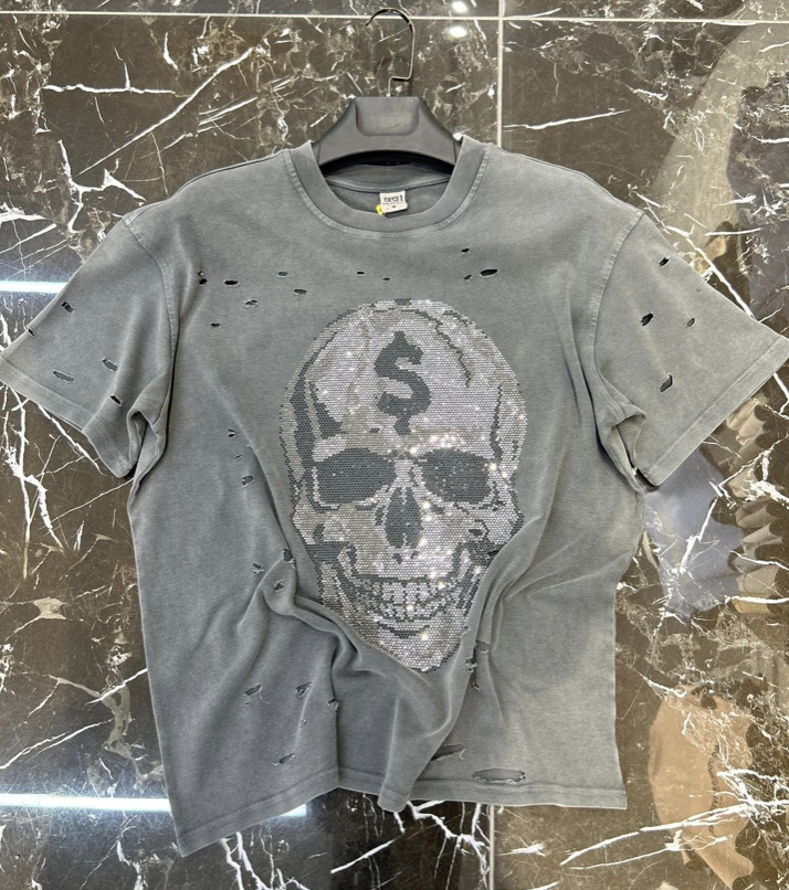 Rhinestone Skull Graphic Tee - Dark Grey