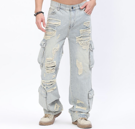 Baggy Cargo Jeans with Rip & Repair - Light Wash