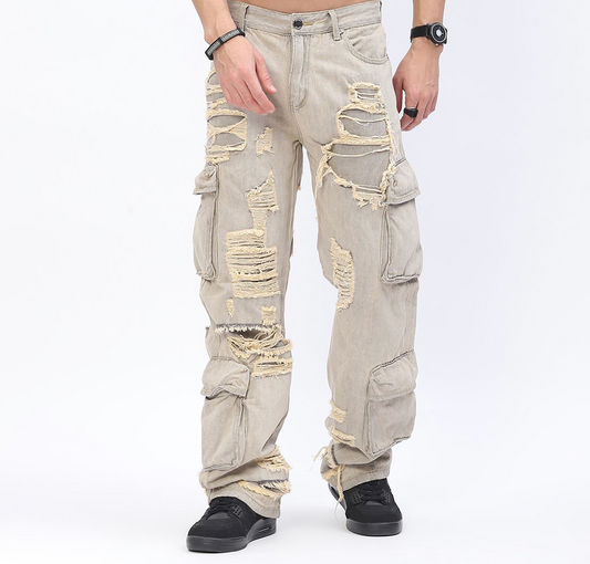 Baggy Cargo Jeans with Rip & Repair - Grey Sand