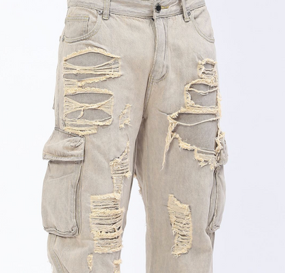 Baggy Cargo Jeans with Rip & Repair - Grey Sand