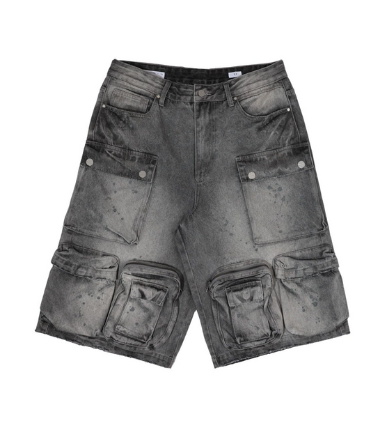 Washed Multi Cargo Denim Jorts - Grey